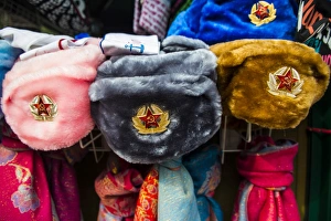 Retail Prints: Soviet fur hats for sale in Peterhof (Petrodvorets), St. Petersburg, Russia, Europe