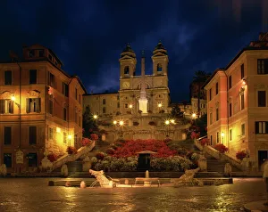 Squares Prints: The Spanish Steps illuminated at night in the city of Rome, Lazio, Italy, Europe