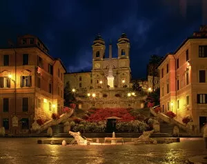 The Spanish Steps illuminated at night in the city of Rome, Lazio, Italy, Europe