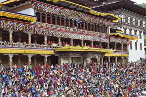 Spectators Prints: Spectators at Autumn Tsechu (festival) at Trashi Chhoe Dzong, Thimpu, Bhutan, Asia