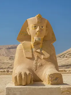 Sculptures Prints: Sphinx at the base of the mortuary temple of Hatshepsut in Deir al-Bahri