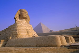 Sphinx Prints: The Sphinx and Pyramid of Cheops at sunrise, Giza, Cairo, Egypt