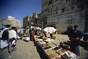 Spice stall in souk within old city walls, Sana a, Yemen, Middle East