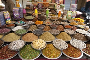 Vendor Prints: Spice and sweet stall in the market, Ahmedabad, Gujarat, India, Asia
