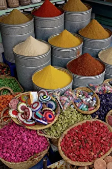 Stall Prints: Spices in the souks in the Medina, Marrakesh, Morroco, North Africa, Africa