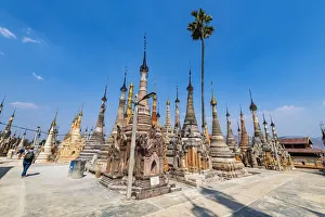 Shan State Prints: Many spikes like pagodas, Tharkong Pagoda, southern Inle Lake, Shan state