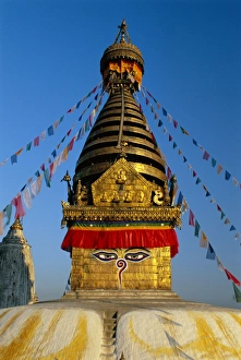 Spire and prayer flags of the Swayambhunath Stupa in Kathmandu