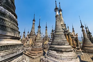 Shan State Prints: Many spires like pagodas, Tharkong Pagoda, southern Inle Lake, Shan state