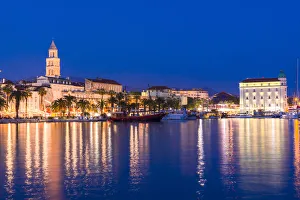 Split Harbour with Cathedral of Saint Domnius at dusk, Split, Dalmatian Coast, Croatia