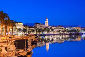 Split Harbour with Cathedral of Saint Domnius at dusk, Split, Dalmatian Coast, Croatia