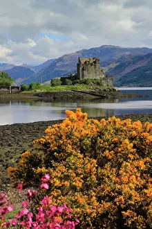 Historical Site Prints: Spring flowers and the 13th century Eilean Donan Castle on a tidal island by the Kyle of Loch Alsh