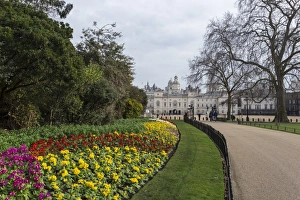 Flower Bed Prints: Spring flowers in St. Jamess Park, with view to Horse Guards, Whitehall, London