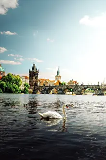 Czech Prints: Spring sunset aerial view of the Old Town pier architecture and Charles Bridge over Vltava River