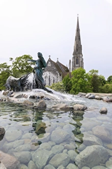 Gothic Style Prints: St. Albans Church with the Gefion Fountain in the foreground, Churchill Park, Copenhagen