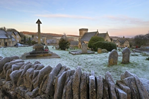 Gravestone Prints: St. Barnabas church and Cotswold village in frost, Snowshill, Cotswolds, Gloucestershire