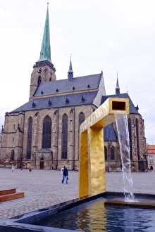 Republic Square Prints: St. Bartholomews Cathedral and one of the three modern gold fountains, Republic Square