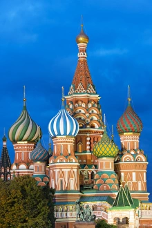 Typically Russian Prints: St. Basils Cathedral lit up at night, UNESCO World Heritage Site, Moscow, Russia, Europe