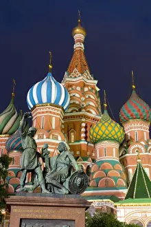 Typically Russian Prints: St. Basils Cathedral and the statue of Kuzma Minin and Dmitry Posharsky lit up at night