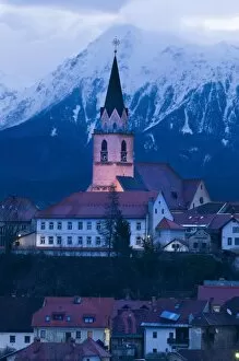 Images Dated 7th March 2009: St. Cantianus Church in the foreground and the Kamnik Alps behind, Kranj