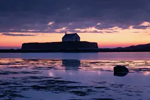 North Wales Prints: St. Cwyfan's Church (Church in the Sea) on the island of Cribinau at sunset
