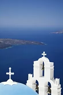 Images Dated 14th June 2008: St. Gerasimos Church with blue dome overlooking the Aegean Sea, Firostefani, Santorini, Cyclades