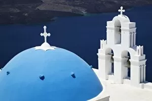 St. Gerasimos Church with blue dome overlooking the Aegean Sea, Firostefani, Santorini, Cyclades, Greek Islands, Greece
