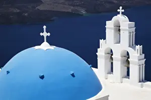 Cyclades Prints: St. Gerasimos Church with blue dome overlooking the Aegean Sea