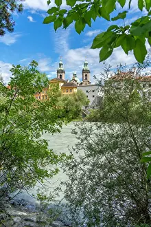 Innsbruck Prints: St. Jakob Cathedral with colorful buildings and River Inn during a summer day in Innsbruck