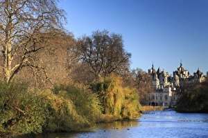 Horse Guards Prints: St. Jamess Park, with view across lake to Horse Guards, sunny late autumn, Whitehall
