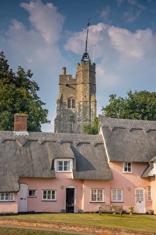 St. Mary the Virgins Church and the Pink Cottages, Cavendish, Suffolk, England, United Kingdom