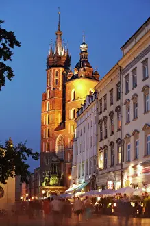Squares Prints: St. Marys Church in Main Market Square (Rynek Glowny) at dusk, UNESCO World Heritage Site
