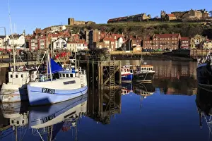 Fishing Industry Prints: St. Marys Church and reflections at Endeavour Wharf with lobster pots and boats