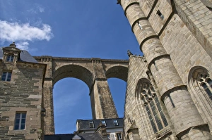 St. Melaine church dating from the 15th century, flamboyant gothic, and Viaduct, Morlaix, Finistere, Brittany, France, Europe
