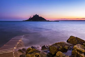 Marazion Prints: St. Michaels Mount Castle at sunset, Mounts Bay, Marazion, Cornwall, England