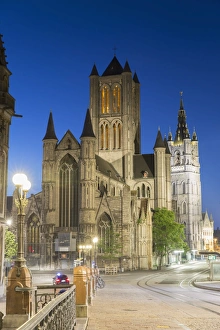 Street Light Prints: St. Nicholas Church at dusk, Ghent, Flanders, Belgium, Europe