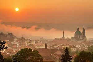 Old City Prints: St. Nicholas Church on foggy morning at sunrise, Prague, Czech Republic (Czechia), Europe