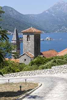 St. Nicholas Church and St. Georges Island in the background, Perast, Bay of Kotor, UNESCO World Heritage Site, Montenegro, Europe