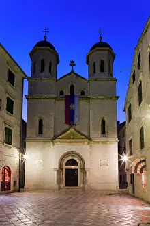 St. Nicholas Serbian Orthodox church illuminated at dusk