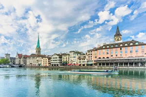 Rippled Gallery: St. Peter and Fraumunster church along Limmat River, Lindenhof, Zurich, Switzerland