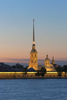 Russia Prints: St. Peter and Paul Cathedral and the River Neva at night, St. Petersburg, Russia, Europe