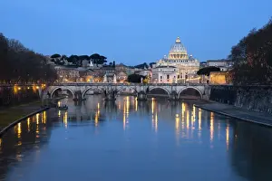 St. Peters Basilica, the River Tiber and Ponte Sant Angelo at night, Rome, Lazio