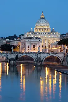 Renaissance Prints: St. Peters Basilica, the River Tiber and Ponte Sant Angelo at night, Rome, Lazio