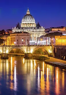 Cupola Prints: St. Peters Basilica in Vatican City lit up after dark and Tiber River, Rome, Lazio
