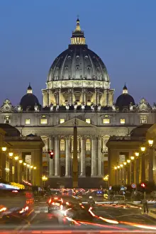 Light Trails Prints: St. Peters Basilica viewed along Via della Conciliazione at night, Rome, Lazio, Italy