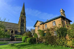 Derbyshire Prints: St. Peters Church and house on Village Green, Edensor, Chatsworth Estate, home of
