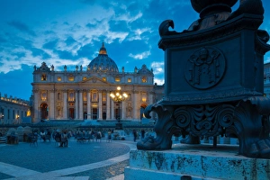 St. Peters and Piazza San Pietro at dusk, Vatican City, UNESCO World Heritage Site