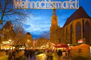 Christmas Wall Art & Decor: St. Reinoldi Church and Christmas Market at dusk, Dortmund, North Rhine-Westphalia, Germany, Europe