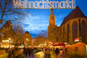 Christmas Wall Art & Decor: St. Reinoldi Church and Christmas Market at dusk, Dortmund, North Rhine-Westphalia, Germany, Europe