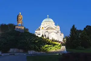 Serbia Prints: St. Sava Orthodox Church, built 1935 and Karadjordje (Serbian political leader) statue