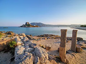 Basilicas Prints: St. Stefanos Basilica Ruins and Kastri Island at sunset